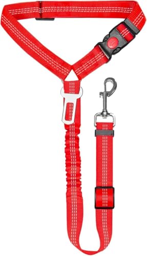 Dog Seat Belt, Adjustable Dog Safety Belt Leash, 2 in 1 Latch Bar Attachment Dog Car Seatbelt with Elastic Nylon Bungee Buffer Reflective Connect to Dog Harness（43in*0.98in） (Red) - color: Red