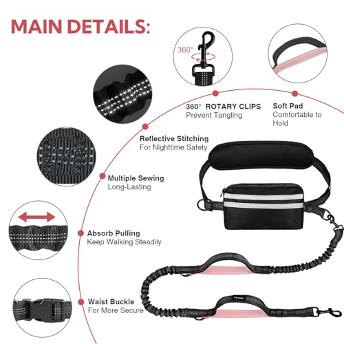 Hands Free Dog Leash, Waist Leash for Dog Walking, Hiking and Running,Adjustable Belt with Double Handle for Large Dogs and Medium Dogs, Dog Walking Accessories,Tangle Free,No Pull - color: Black/Pink