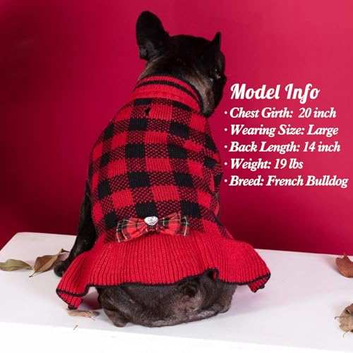 KYEESE Dog Christmas Sweater Dress with Bowtie Checkered, Turtleneck Dog Sweater for Small Dogs Girl with Leash Hole, Holiday Warm Pet Sweaters Dress, Red, Medium - color: 09#Red Plaid, size: Medium (6-13lbs)