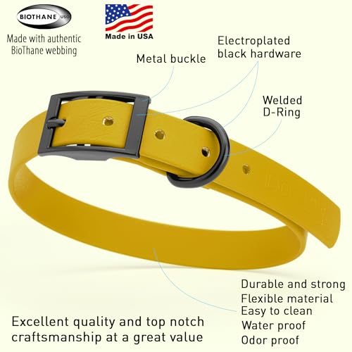 Dogline Biothane Waterproof Dog Collar Strong Coated Nylon Webbing with Black Hardware Odor- Proof for Easy Care Easy to Clean High Performance Fits Small Medium or Large Dogs, Treasure Gold