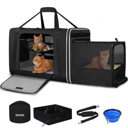 Petskd Side Expandable Extra Large Cat Carrier with Litter Box Area, 24"x17"x17" Soft-Sided Pet Carrier for 2 Cats Under 55 lbs with Zipper Locks for Car Travel(Black) - color: Black