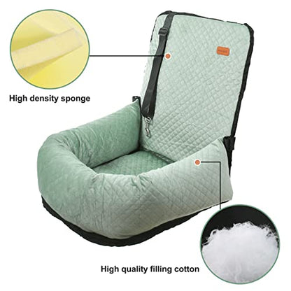 Dog Car Seat for Small Medium Dogs Up to 40lbs, Detachable Washable Soft Pet Booster Travel Bed for Front & Green Seat with Safety Leash Belt - color: Green