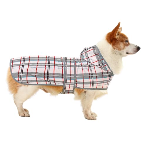 Dog Raincoat, Waterproof Dog Rain Jacket with Hood, Adjustable Rain Coat Poncho with Reflective Strips & Leash Hole for Large Medium Small Dogs Puppies, Lightweight Pet Clothes - color: Khaki Plaid, size: Large