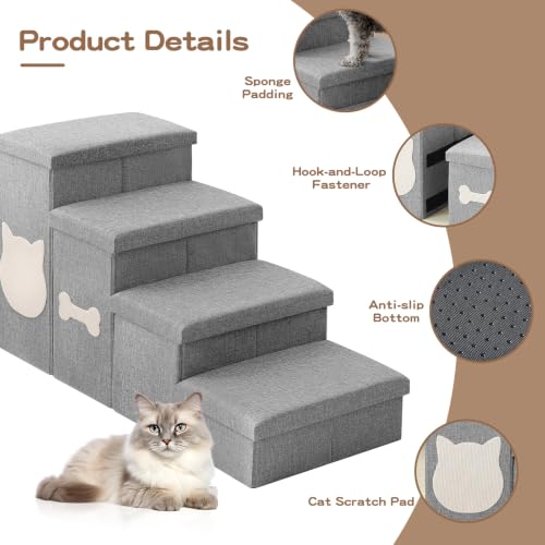 4-Step Wider Dog Steps for Bed 22" H, Foldable Dog Stairs with Storage, Non-Slip Pet Steps for Small Medium Large Dogs, Arthritis-Friendly Pet Stairs for Couch and Car Up to 200 lbs, Grey - size: 4-Step