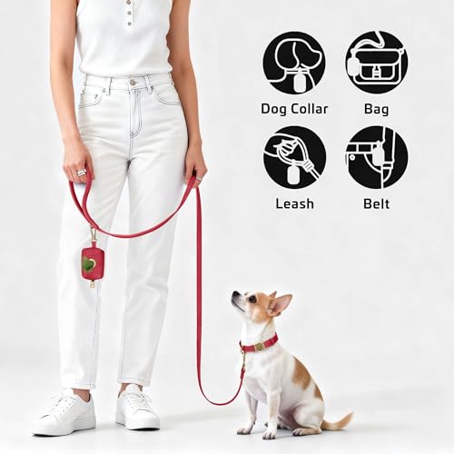 Didog Stylish Dog Poop Bag Holder for Leash, Easy-Pull and Colorful PU Leather Dog Poop Bag Dispenser with Metal Clip, Includes 1 Roll Pet Waste Bag for Daily Walking,Red - color: Red