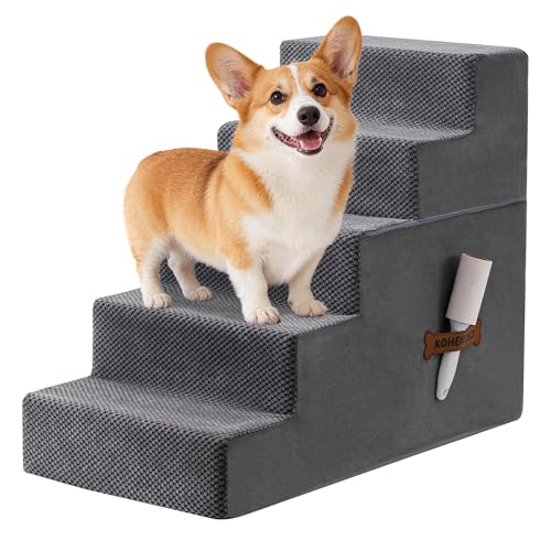 Dog Stairs, Steps and Ramp for High Bed & Sofa, 13-24" H Detachable Pet Stairs for Small Medium Dogs, Sturdy 40D Foam, Non-Slip, Washable Cover with Lint Roller, Grey
