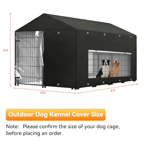 Dog Kennel Cover Large Shade 8x4x6ft,Outdoor Crate Cover Fully Enclosed Outside Waterproof Dog Cage Cover with Anti-UV Mesh Window and Clear Panel for Viewing (Cover only) (8'Dx4'Wx6'H) - size: 8'Dx4'Wx6'H