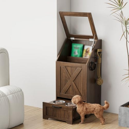 Dog Feeding Station with 2 Elevated Bowls, Dog Food Storage Cabinet with Pet Toy Organizer and Flip Top Pet Feeding Station,Hidden Pet Feeder Station for Cats and Dogs(Walnut) - color: Dog Feeding Station-Walnut