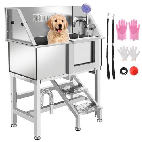 Stainless Steel Dog Washing Station, Pet Grooming Tub W/Storage Stairs, Faucet & Showerhead & Soap Holder Dog Bathtub for Large & Medium & Small Pets,34" R-RAMP - color: 34" R-RAMP
