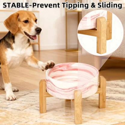 Elevated/Raised Ceramic Dog Bowl with Bamboo Stand,Marble Pattern 6 Inch 3.6 Cups Non Slip Heavy Weighted Single Pet Dish, for Small Medium Breed & Cats,Reduces Neck Strain Marble Pink - color: Marble Pink, size: 3.6 Cups - Medium