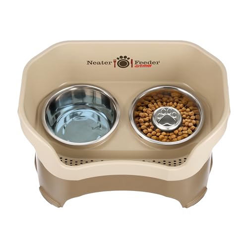Neater Feeder Deluxe Mess Proof Dog Bowls Elevated for Large Breeds – Made in USA – No Spill Raised Slow Feeder Elevated Dog Bowl Stand, Stainless Steel Food and Water Bowl Set, Cappuccino - color: Cappuccino, size: Large with Slow Feed Bowl