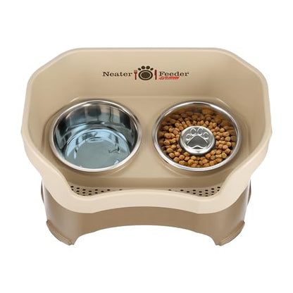 Neater Feeder Deluxe Mess Proof Dog Bowls Elevated for Large Breeds – Made in USA – No Spill Raised Slow Feeder Elevated Dog Bowl Stand, Stainless Steel Food and Water Bowl Set, Cappuccino - color: Cappuccino, size: Large with Slow Feed Bowl