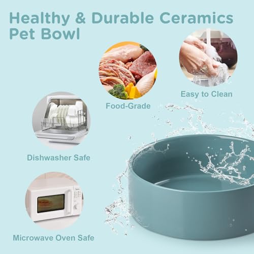 SPUNKYJUNKY Elevated Dog Bowls Ceramic, 5.1'' Dogs and Cat Food Water Bowls Raised with Non-Slip Bamboo Stand for Puppy Small Sized Breed Microwave Dishwasher Safe - 13.5 OZ,Dark Green - color: Dark Green, size: 5.1 in - 1.7 cups