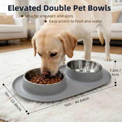 Double Stainless Steel Cat Food Bowls with Non-Slip Silicone Mat, Double Pet Feeder for Food & Water, Spill Proof Cat Dish Set for Small Medium Dogs & Cats, 1.5 Cups Each Bowl, Grey Mediun - color: Grey