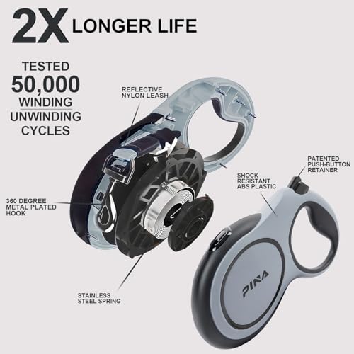 PINA Upgraded Retractable Dog Leash, 26 ft Dog Leash for Small Medium Large Dogs Up to 110lbs, Heavy Duty Reflective Nylon Tape 360° Tangle-Free, with Anti-Slip Handle, One-Handed Brake, Pause, Lock - color: Grey