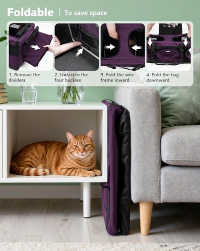 Pecute Dual Compartment Pet Carrier for Multi-Cat Families & Small Dog Owners, Collapsible Dog Crate with Reinforced Steel Frame, Car Safety Design for Travel, Vet Visits & Home Use, Purple - color: Purple