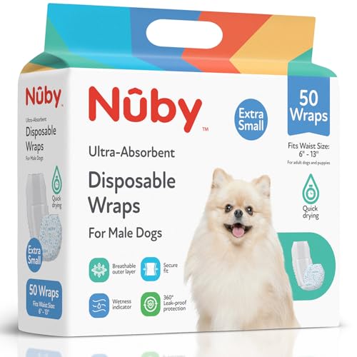 Nuby Pets Disposable Male Dog Wraps with Wetness Indicator, Absorbent & Leak-Resistant Belly Bands for Male Dogs, XSmall (6–13” Waist), 50 Count - size: XS Waist 6 - 13 in