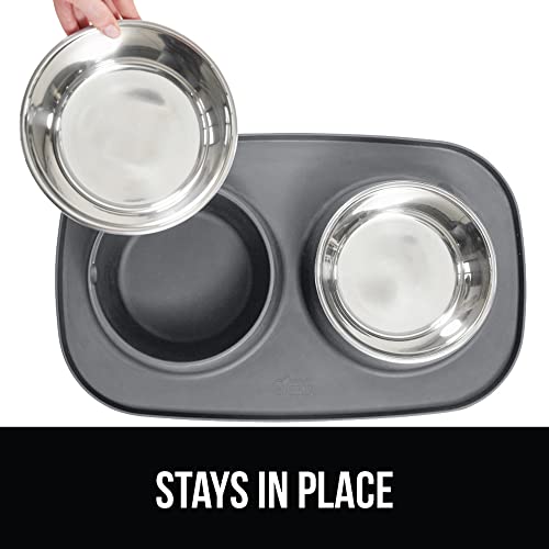 GORILLA GRIP Dog Bowl Set with Slip Resistant Silicone Feeding Mat, Food Grade 304 Stainless Steel Bowls, BPA Free, High Edge Spill Containment, Dishwasher Safe, Finger Notch Removal, 2 Cup, Gray - color: Gray, size: 2 Cup Bowls