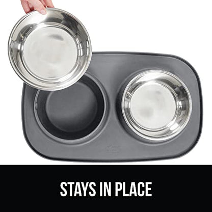 GORILLA GRIP Dog Bowl Set with Slip Resistant Silicone Feeding Mat, Food Grade 304 Stainless Steel Bowls, BPA Free, High Edge Spill Containment, Dishwasher Safe, Finger Notch Removal, 2 Cup, Gray - color: Gray, size: 2 Cup Bowls