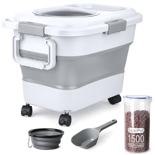 Dog Food Storage Container, 10-20 lbs Airtight Collapsible Cat Food Storage Container with Attachable Wheels, Portable Handle, Dog Food Scoop for Dog Cat Bird Pet Dry Food Storage Bin Light Grey - color: Light Grey, size: Medium