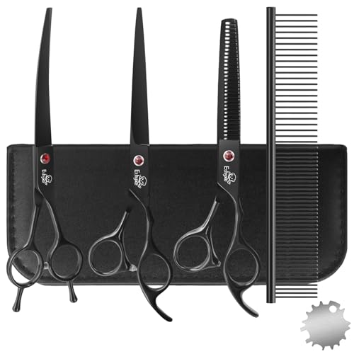 7.0" Professional Dog Grooming Scissors Kit – 3-Piece Set with Straight, Curved & Thinning Shears, Black Japanese Stainless Steel, Includes Grooming Comb for Dogs & Cats - style: Set