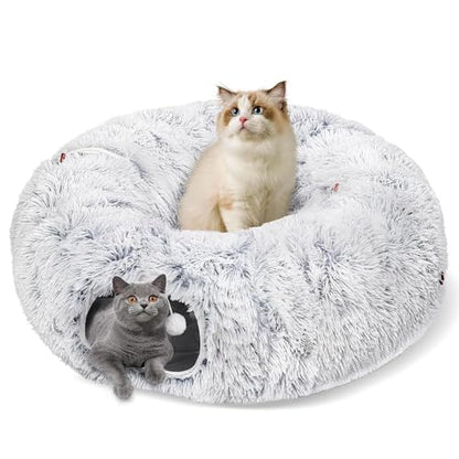 Cat Tunnel Bed for Indoor Cats, Peekaboo Cat Cave with Washable Soft Play Mat, Furry Cat Tube, for Kitten/Puppy/Rabbit, Grey - color: Grey
