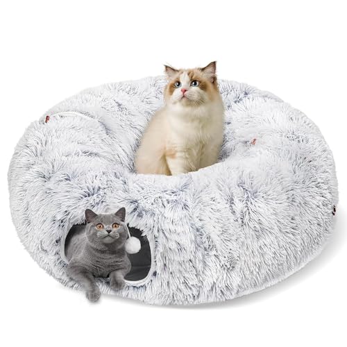 Cat Tunnel Bed for Indoor Cats, Peekaboo Cat Cave with Washable Soft Play Mat, Furry Cat Tube, for Kitten/Puppy/Rabbit, Grey - color: Grey