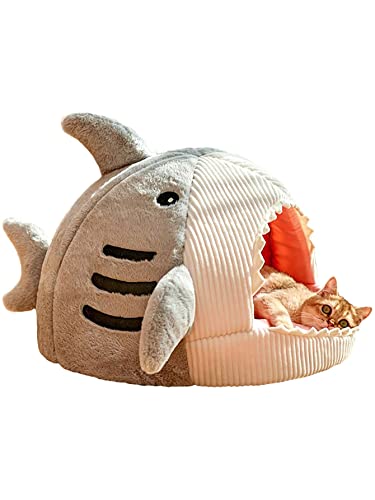 QWINEE Cat Mat Shark-Shaped Kennel Kitten Bed Hideout House Warm Soft Comfortable Semi-Closed Cat Dog Nest Grey Large - color: Grey, size: Large