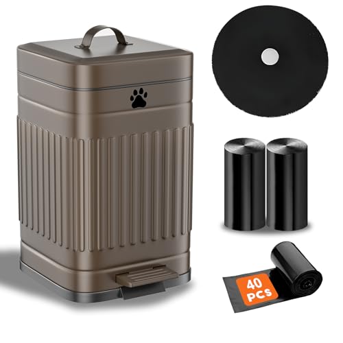 Dog Poop Trash Can Outside, 5L/1.3Gal Metal Dog Waste Trash Can with Lid, Foot Pedal, Pet Waste Container with 40 Bags, Poop Bucket with Lid Soft Close for Pet, Brown - size: 5L Brown Trash Can