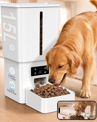 15L/63 Cups Automatic Dog Feeder for Large Breeds: Feeds for 18–25 Days - Anti-Clog Design for 2–23mm Kibble - 5G WiFi Auto Dog Food Dispenser with HD Camera and Timer for Busy Pet Parents
