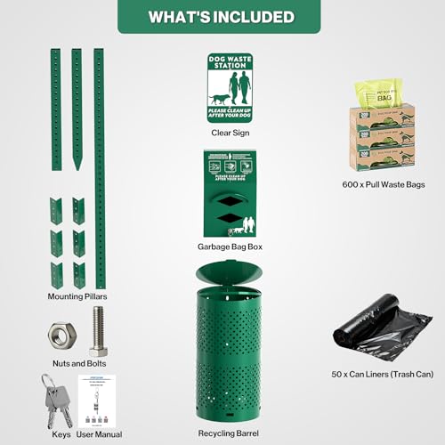 POCHAR Aluminum Dog Waste Station with 600 Waste Bags & 50 Can Liners | Rustproof Pet Poop Station Outdoor, Dog Park Equipment with Sign & Lid - Pet Poop Disposal System for Backyard - style: ‎Station with Bags