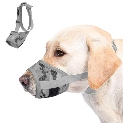 Dog Muzzle with Escape-Proof Elastic Neck Collar, Soft Breathable Air Mesh Mouth Cover Stops Biting Barking Chewing Allows Drinking Panting, Adjustable Muzzle for Small Medium Large Dogs - color: Gray, size: L