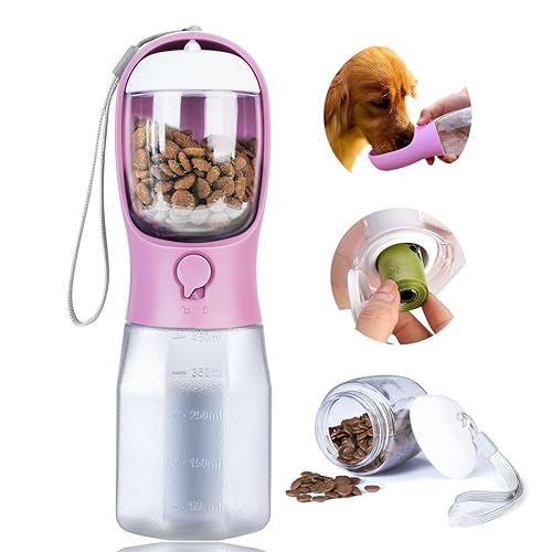 Dog Water Bottle with Food Container, Portable Pet Dog Water Dispenser for Outdoor Walking,Hiking,Travel,Puppy Essentials,Puppy Supplies,Replaceable Waste Bags - color: Pink, size: 15oz