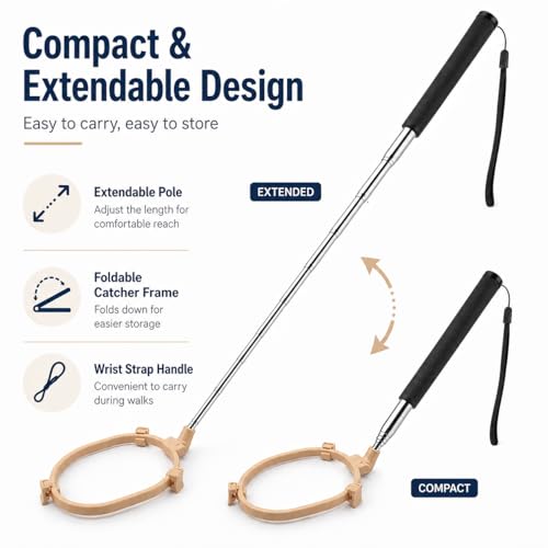 Pooper Scooper for Dogs, Hands-Free Pet Waste Pickup Tool, Foldable 8 Inch Design with 32 Inch Extendable Handle, Stainless Steel Rod, Includes 15 Bags for Yard, Walks and Travel