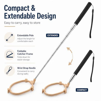 Pooper Scooper for Dogs, Hands-Free Pet Waste Pickup Tool, Foldable 8 Inch Design with 32 Inch Extendable Handle, Stainless Steel Rod, Includes 15 Bags for Yard, Walks and Travel