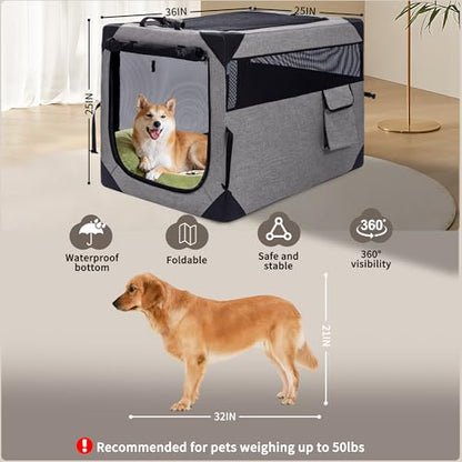 Hiaksedt Dog Crates - 36 Inch Collapsible Soft Dog Crate, 3-Door Foldable Soft Kennel for Large Dogs, Portable Pet Travel Cage with Chew Proof Mesh Window for Outdoors