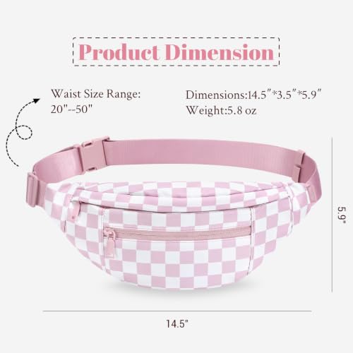MAXTOP Large Crossbody Fanny Pack with 4-Zipper Pockets,Gifts for Enjoy Sports Festival Workout Traveling Running Casual Hands-Free Wallets Waist Pack Phone Bag Carrying All Phones - color: Checkered-Rose Pink, style: Large Fanny Pack(4 Zipper Pockets)