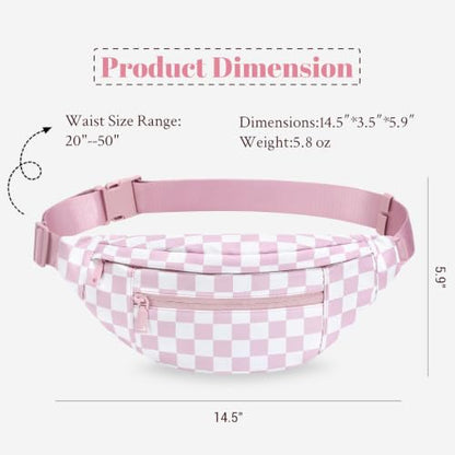 MAXTOP Large Crossbody Fanny Pack with 4-Zipper Pockets,Gifts for Enjoy Sports Festival Workout Traveling Running Casual Hands-Free Wallets Waist Pack Phone Bag Carrying All Phones - color: Checkered-Rose Pink, style: Large Fanny Pack(4 Zipper Pockets)