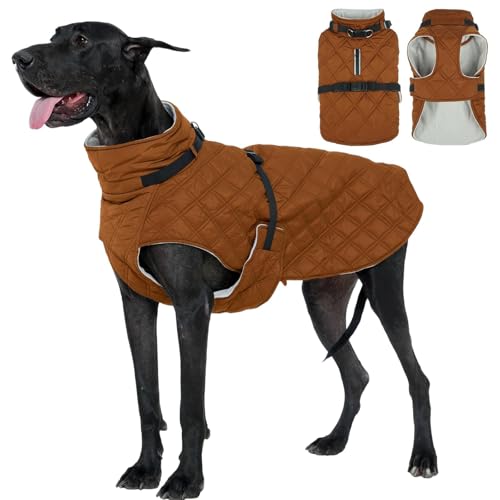 Kuoser Dog Coat Warm Fleece Lining Turtleneck Dog Jacket with Harness Built-in, Windproof Cold Weather Coats with Quick Release Buckle Pet Winter Snowsuit for Extra Large Dogs Great Dane, Khaki 3XL - color: Khaki, size: Xxx-large (Chest Girth: 42.5")
