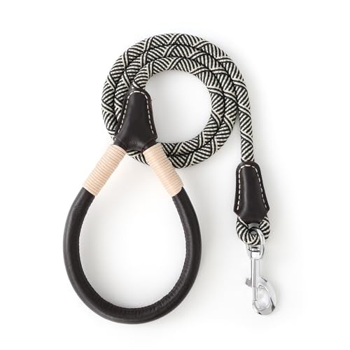 Mile High Life Dog Leash, Rope Leash with Genuine Leather Handle and Heavy Duty Metal Clasp, Great for Small Medium Large Dogs (Black Beige, 4FT) - color: Leather Handle-Black Beige, size: 48 Inch-1/2"