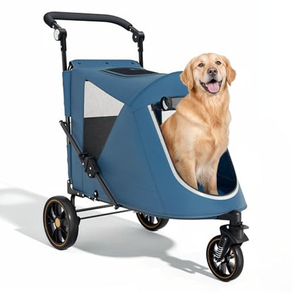 Magshion Pet Stroller for Medium Dogs w/Adjustable Handle, 3-Wheel Dog Cat Wagon w/Dual Entry, Rear Storage, Breathable Mesh, One-Foot Brake, Ideal for Large Pets up to 55 lbs, Navy Blue - color: Navy Blue, style: Up to 55 lbs