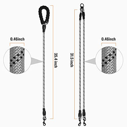 Double Dog Leash Reflective Detachable Coupler &360° Swivel Tangle Free, Heavy Duty Rope Leash Control with Padded Handle for Dual Large Medium Dogs Walking Running Training (Silver) - color: Silver
