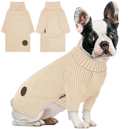 cyeollo Small Dog Sweater with Long Sleeves Turtleneck Knitted Sweaters Winter Dog Clothes Sweaters for Small Dogs S - color: Beige, size: Small
