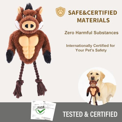 Boar Rope & Plush Dog Toy with Squeaker, Interactive Tug Toy for Medium to Large Dogs, Multi-Texture Toy for Tug, Toss & Supervised Play - color: Brown