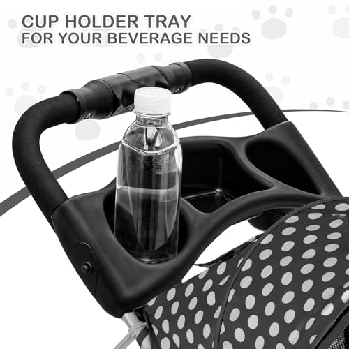 MoNiBloom 3 Wheels Pet Dog Cat Stroller for Small Medium Dogs Cats, Foldable Jogger Stroller w/Storage Basket and Cup Holder, Black Polka Dots - color: Black Polka Dots