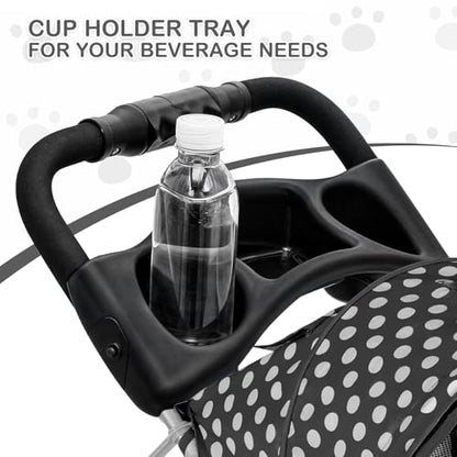 MoNiBloom 3 Wheels Pet Dog Cat Stroller for Small Medium Dogs Cats, Foldable Jogger Stroller w/Storage Basket and Cup Holder, Black Polka Dots - color: Black Polka Dots