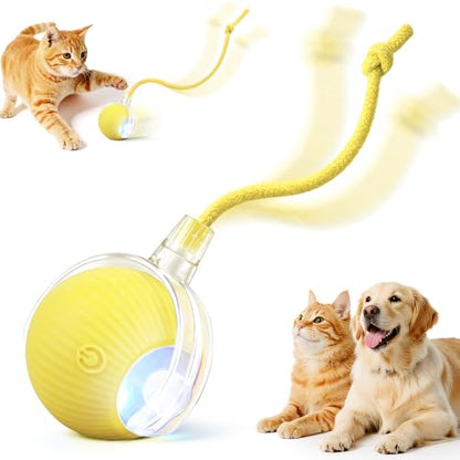 Smart Interactive Automatic Electric Rolling Moving Rechargeable Motion Activated Self Play Stimulation Chase Teaser Ball Toy with Rope for Indoor Bored Adult Cat and Dog, Yellow - color: Yellow