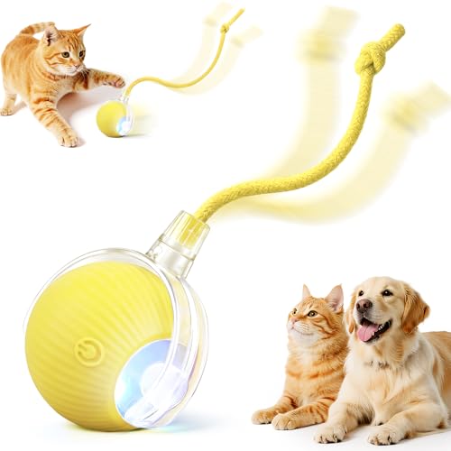 Smart Interactive Automatic Electric Rolling Moving Rechargeable Motion Activated Self Play Stimulation Chase Teaser Ball Toy with Rope for Indoor Bored Adult Cat and Dog, Yellow - color: Yellow