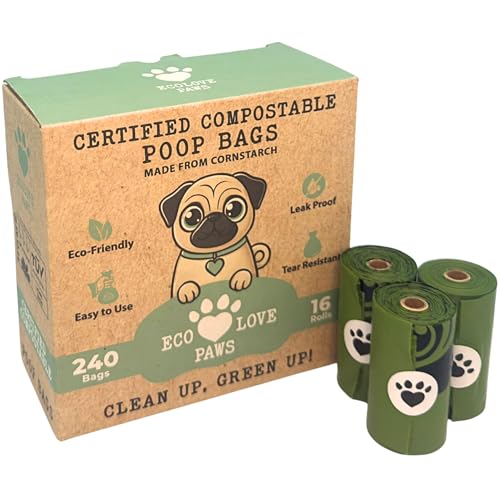100% Certified Home Compostable Dog Poop Bags, Extra Thick, Plant-Based, Plastic-Free, Unscented, 240 Bags (16 Rolls), Leakproof & Easy Open