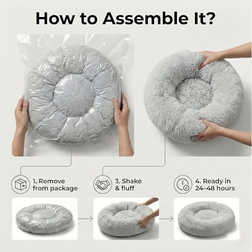 Cozy Plush Calming Dog & Cat Bed – Anti-Anxiety, Washable Round Donut Bed for Small & Medium Pets – Soft, Fluffy, Vacuum Packed (Gray, M) - size: M